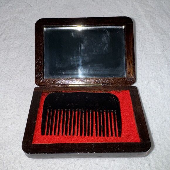 Black Ox Horn Comb in aTeak Box w Mother Of Pearl‎ Inlay Lotus & Mirror VTG - Picture 4 of 9